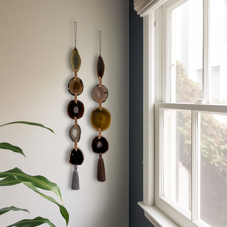 Fall Boho Set No. 2 – Moody Agate Wall Hanging Pair with Gray & Brown Tassels