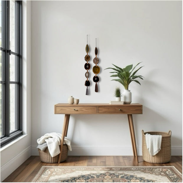 Fall Boho Set No. 2 – Moody Agate Wall Hanging Pair with Gray & Brown Tassels