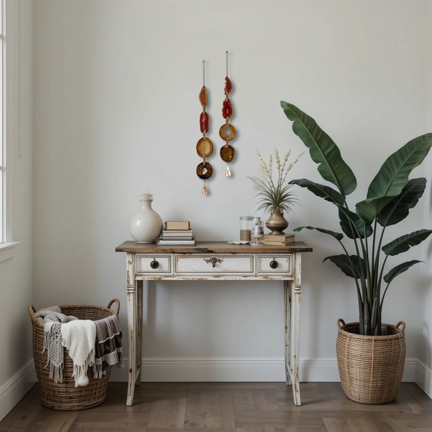 Fall Boho Set No. 4 – Amber & Rust Agate Wall Hanging Pair with Brass Bells
