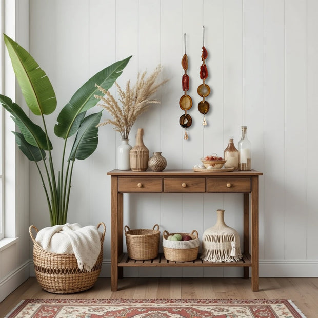 Fall Boho Set No. 4 – Amber & Rust Agate Wall Hanging Pair with Brass Bells