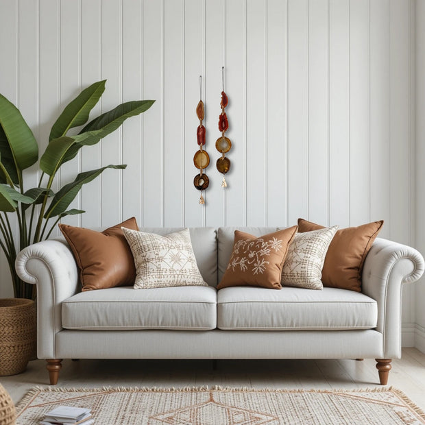Fall Boho Set No. 4 – Amber & Rust Agate Wall Hanging Pair with Brass Bells