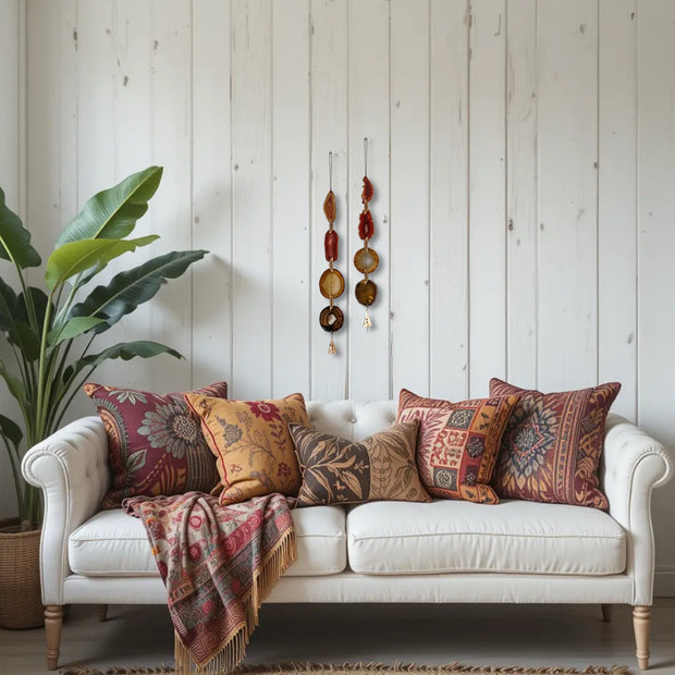 Fall Boho Set No. 4 – Amber & Rust Agate Wall Hanging Pair with Brass Bells