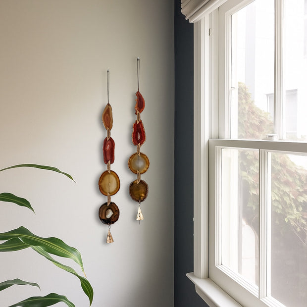 Fall Boho Set No. 4 – Amber & Rust Agate Wall Hanging Pair with Brass Bells