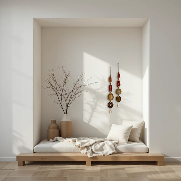 Fall Boho Set No. 4 – Amber & Rust Agate Wall Hanging Pair with Brass Bells