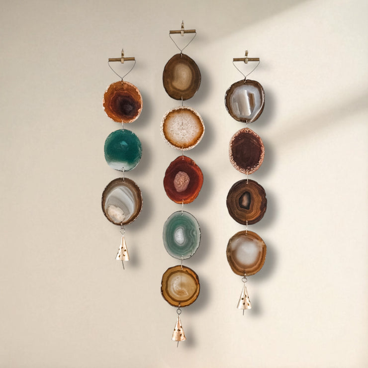 Set of 3 Boho Harvest Agate Wall Hangings - Handcrafted with Rustic Bells