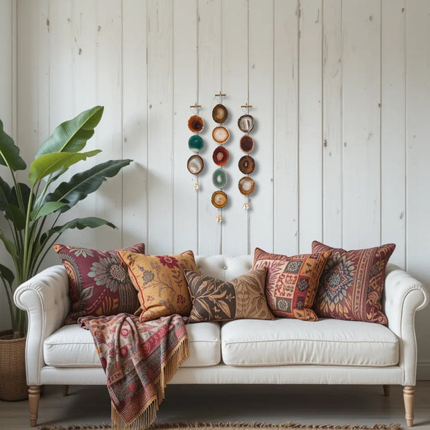 Set of 3 Boho Harvest Agate Wall Hangings - Handcrafted with Rustic Bells