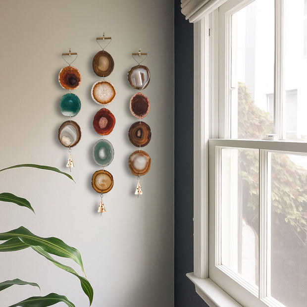 Set of 3 Boho Harvest Agate Wall Hangings - Handcrafted with Rustic Bells