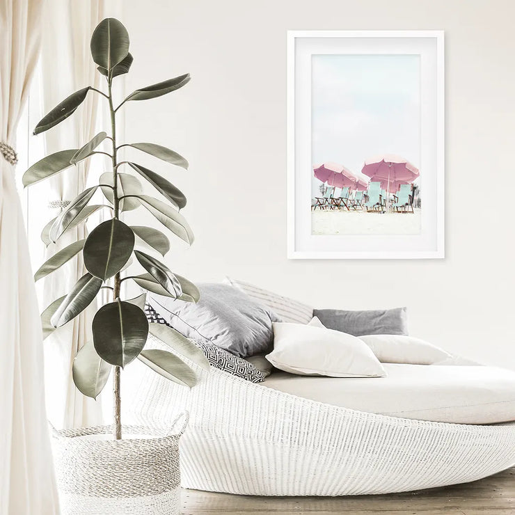 Pink Umbrella Wall Art Print. Summer Beach Theme
