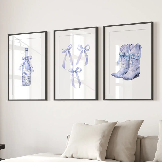 Trendy Blue Bows Girly Wall Art Set of 3 Print