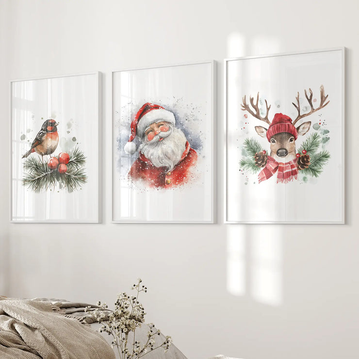 Christmas Print Set of 3: Santa, Reindeer, Holiday Wall Art