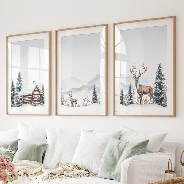 Snowy Deer Wall Art Set of 3. Winter Woodland Prints