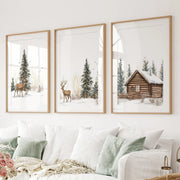 Deer and Cabin Winter 3 Piece Wall Art. Rustic Nordic Prints