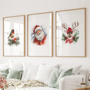 Christmas Print Set of 3: Santa, Reindeer, Holiday Wall Art