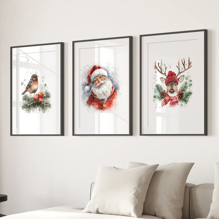 Christmas Print Set of 3: Santa, Reindeer, Holiday Wall Art