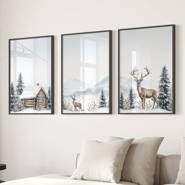 Snowy Deer Wall Art Set of 3. Winter Woodland Prints