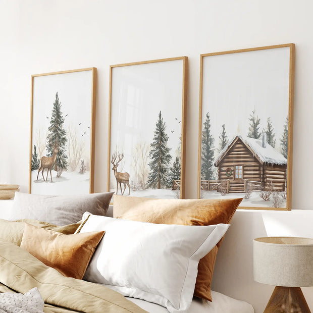 Deer and Cabin Winter 3 Piece Wall Art. Rustic Nordic Prints