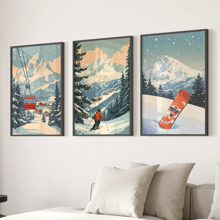 Vintage Ski Poster Set of 3. Snowboard, Skier & Ski Lift Wall Art