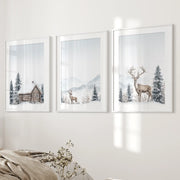 Snowy Deer Wall Art Set of 3. Winter Woodland Prints