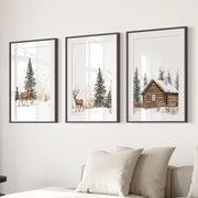 Deer and Cabin Winter 3 Piece Wall Art. Rustic Nordic Prints
