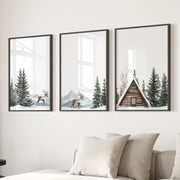 Rustic Cabin, Snowy Forest Prints. 3 Piece Winter Wall Art