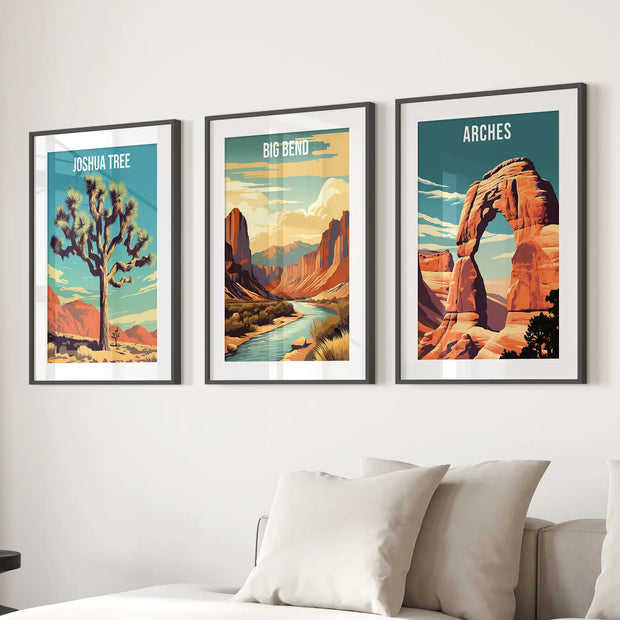 3 Piece USA National Park Art. Big Bend, Arches, Joshua Tree