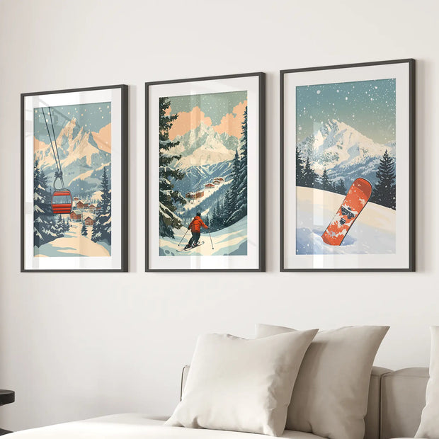 Vintage Ski Poster Set of 3. Snowboard, Skier & Ski Lift Wall Art