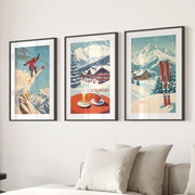 Ski Lodge Set of 3 Prints: Retro Snowboard, Après Ski Art