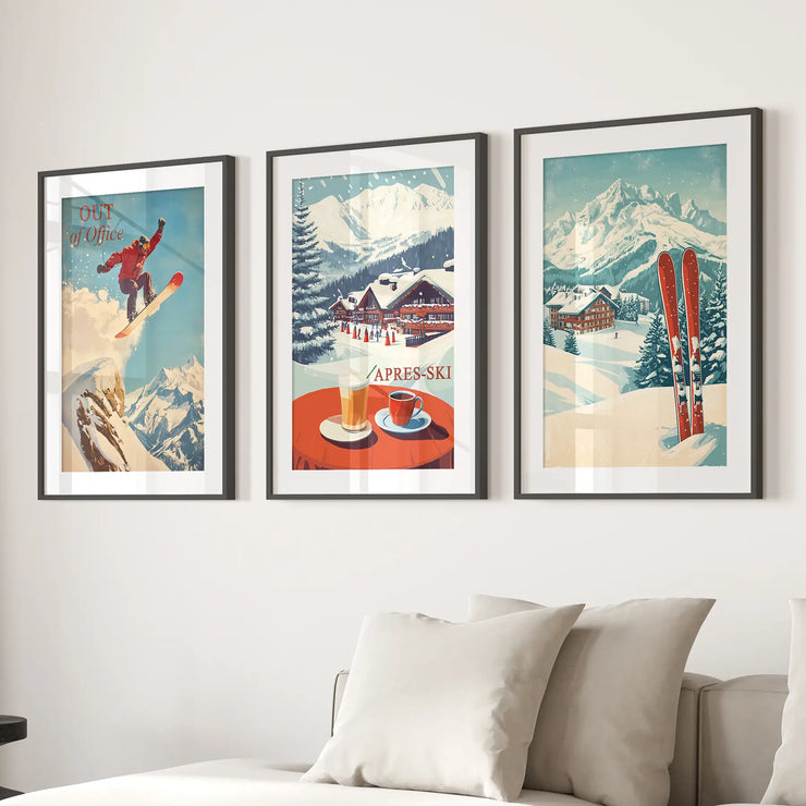 Ski Lodge Set of 3 Prints: Retro Snowboard, Après Ski Art