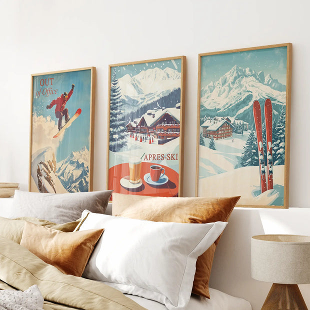 Ski Lodge Set of 3 Prints: Retro Snowboard, Après Ski Art