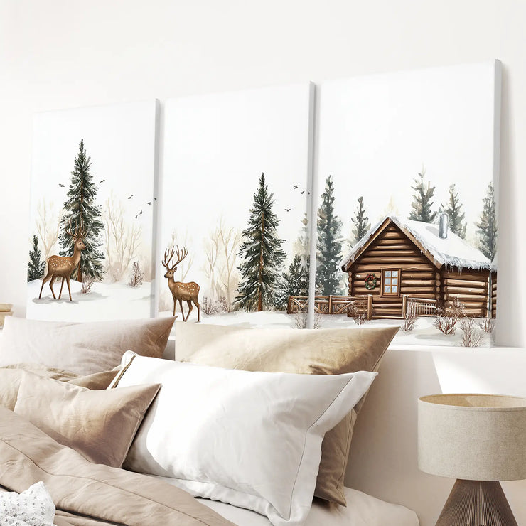 Deer and Cabin Winter 3 Piece Wall Art. Rustic Nordic Prints