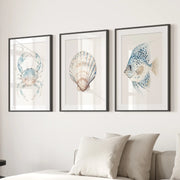 Watercolor Light Blue Nautical 3 Piece Art. Crab, Shell, Fish
