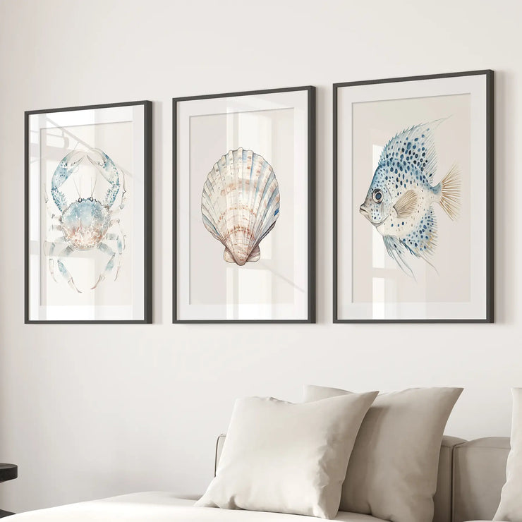 Watercolor Light Blue Nautical 3 Piece Art. Crab, Shell, Fish