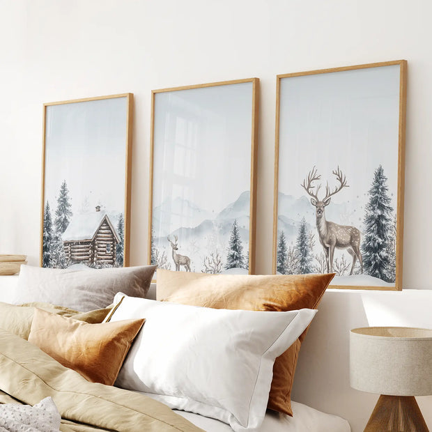 Snowy Deer Wall Art Set of 3. Winter Woodland Prints