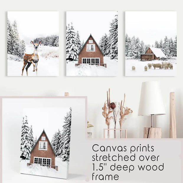 Rustic Winter Set of 3 Wall Art Prints. Animals, Log Cabin