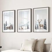 Snowy Deer Wall Art Set of 3. Winter Woodland Prints