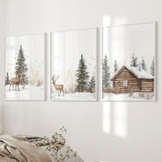 Deer and Cabin Winter 3 Piece Wall Art. Rustic Nordic Prints