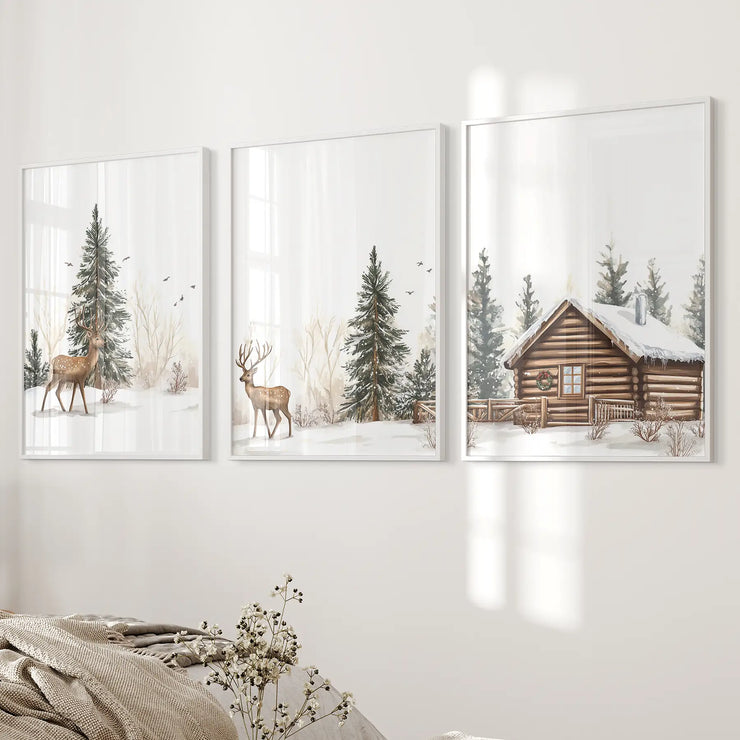 Deer and Cabin Winter 3 Piece Wall Art. Rustic Nordic Prints