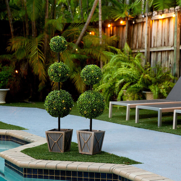 3’ UV Resistant Artificial Double Ball Boxwood Topiary with LED Lights in Decorative Planter (Indoor/Outdoor)