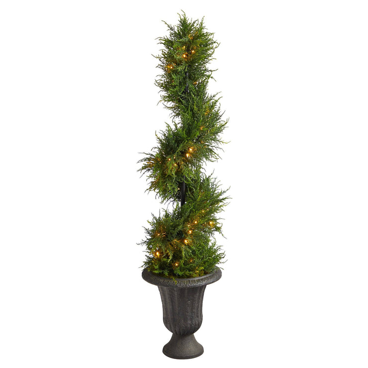 4.5’ Spiral Cypress Artificial Tree in Charcoal Urn with 80 Clear LED Lights UV Resistant (Indoor/Outdoor)