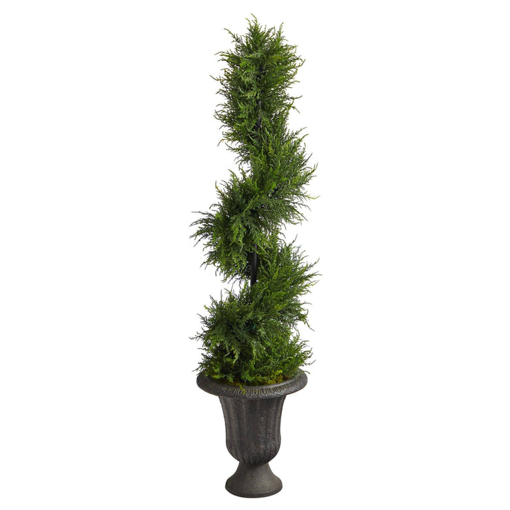 4.5’ Spiral Cypress Artificial Tree in Charcoal Urn with 80 Clear LED Lights UV Resistant (Indoor/Outdoor)