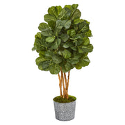 50” Fiddle Leaf Fig Artificial Tree in Tin Planter with Black Pattern