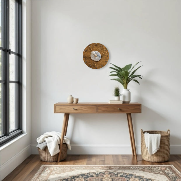 a white room with a wooden table and a rug
