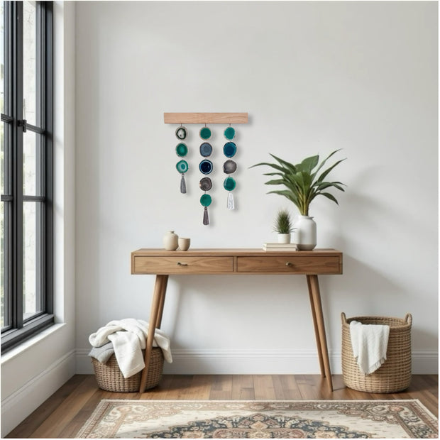 a wooden table with a plant on top of it