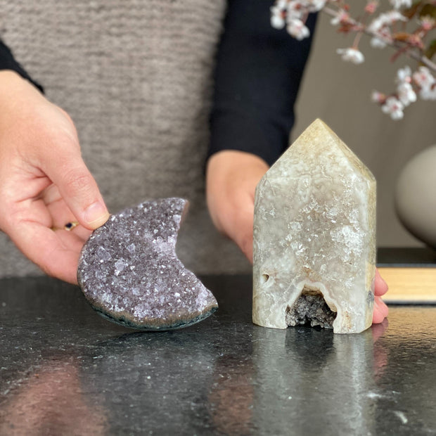 Amethyst moon cluster and Agate Crystal Tower, Large moon amethyst crystal, Crescent moon amethyst, Druzy moon, Amethyst crystal