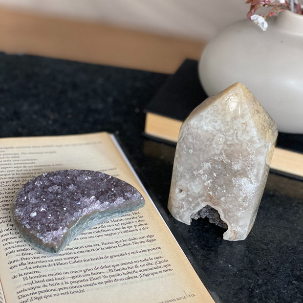 Amethyst moon cluster and Agate Crystal Tower, Large moon amethyst crystal, Crescent moon amethyst, Druzy moon, Amethyst crystal