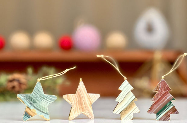 Agate & Jasper Crystal Christmas Tree Ornament (Set of 4 pieces), Handmade Christmas Star and Pine Tree Decor, Genuine Colorful Agate Stones