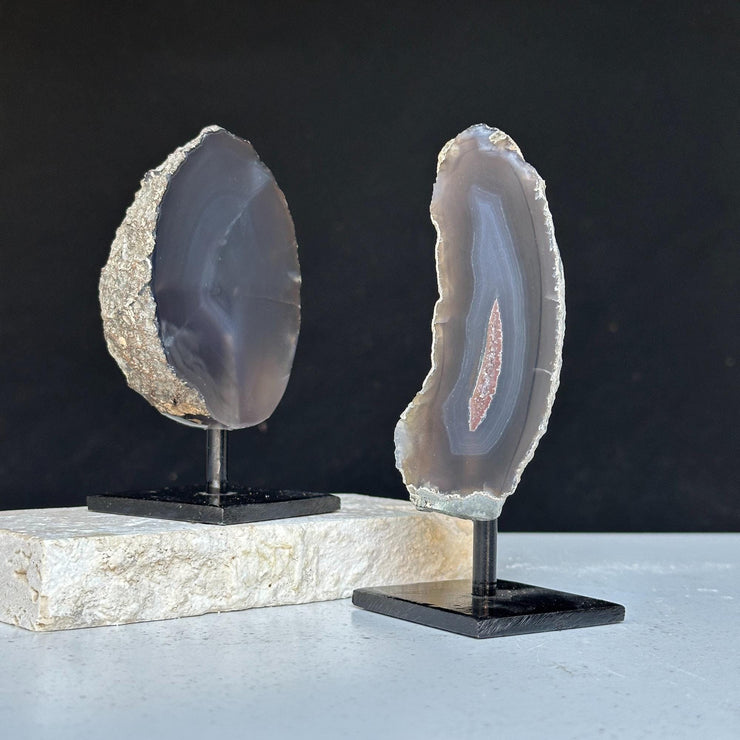 Agate Slice SET on Stand, Rare Mineral Finds with metallic base, Small mini display Agate Crystals, Perfect Gift for desk and night stand